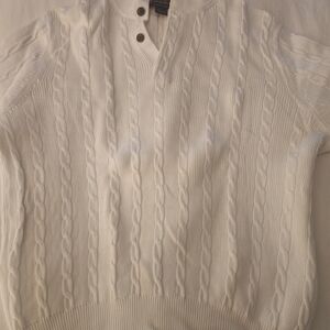 Brooks Brothers White Cable-Knit V-Neck Henley Sweater